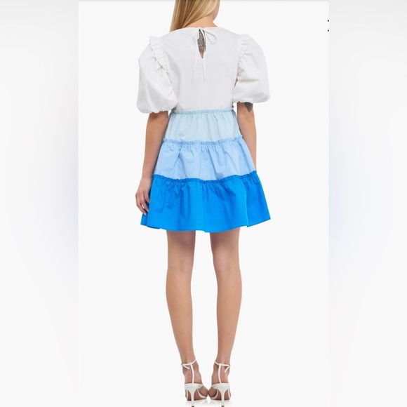 English Factory Size XS White and Blue Bubble Mini dress  Balloon Short Sleeve - Picture 3 of 15